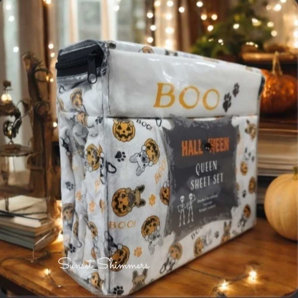 4pc Halloween French Bulldog Frenchie Dog Boo Pumpkin QUEEN Bed Sheet Decor New